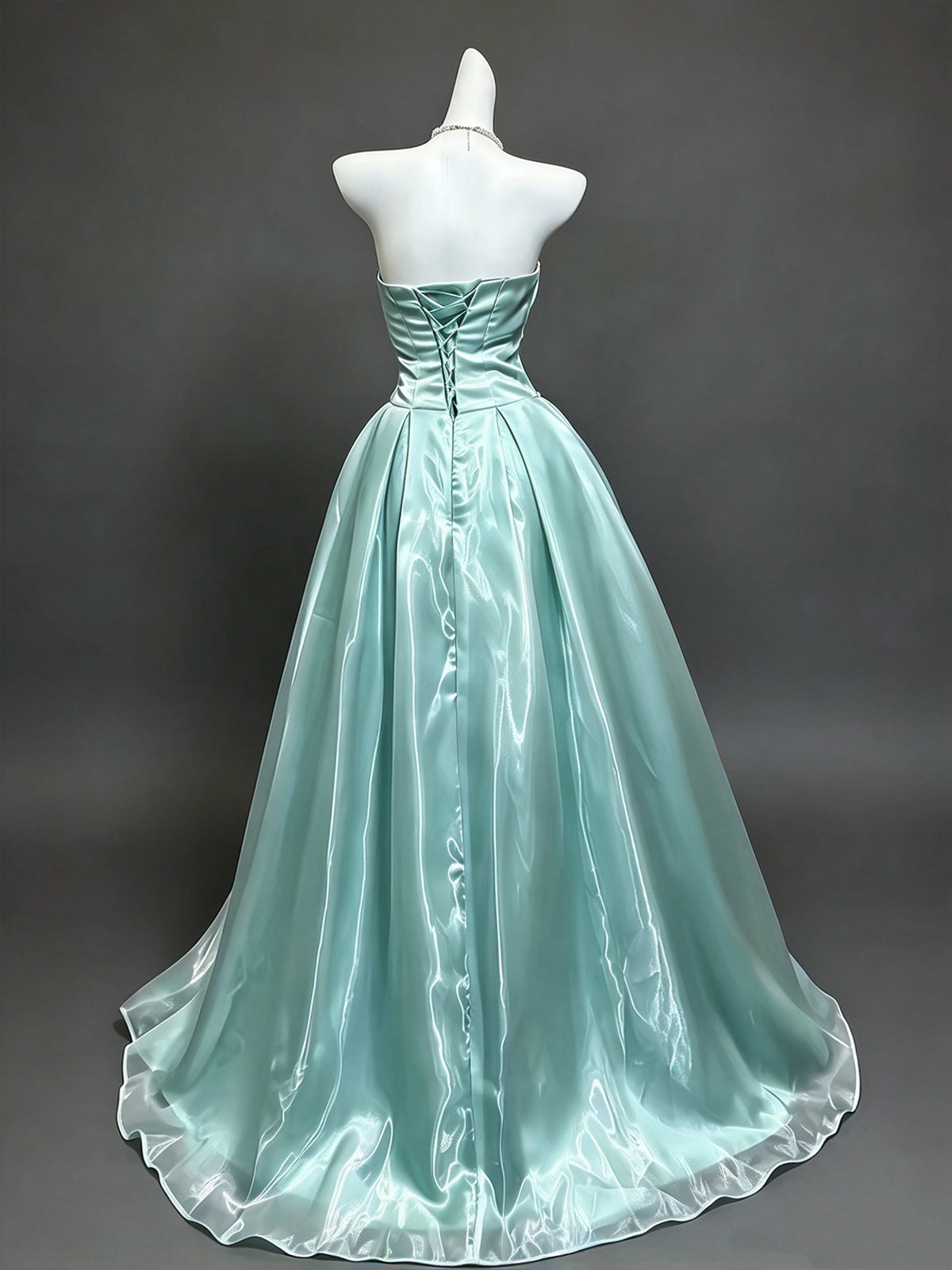 Dreamy Mint Strapless Pearl Chain A-Line Long Prom Dress AD1393