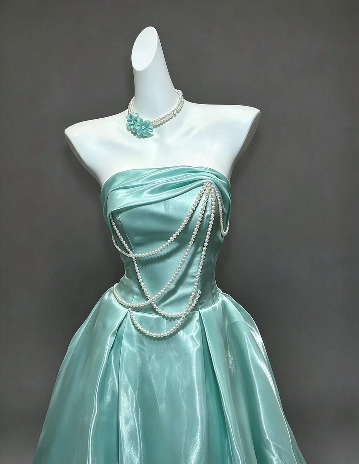 Dreamy Mint Strapless Pearl Chain A-Line Long Prom Dress AD1393