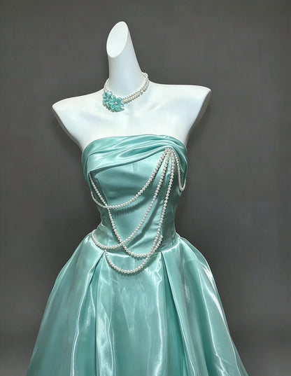 Dreamy Mint Strapless Pearl Chain A-Line Long Prom Dress AD1393