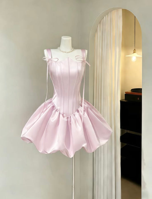 Elegant Pink Bow Straps Corset Satin A Line Bubble Short Homecoming Dress AS1393