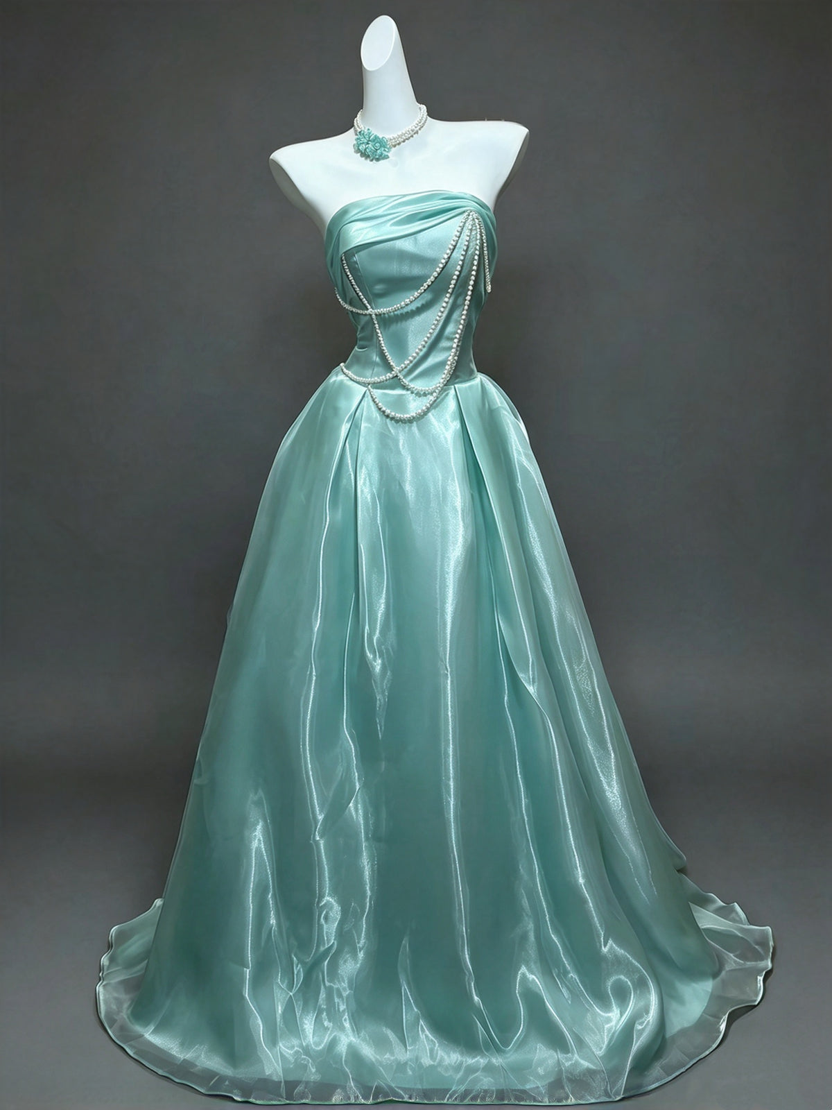 Dreamy Mint Strapless Pearl Chain A-Line Long Prom Dress AD1393