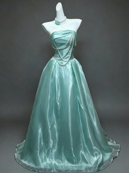 Dreamy Mint Strapless Pearl Chain A-Line Long Prom Dress AD1393