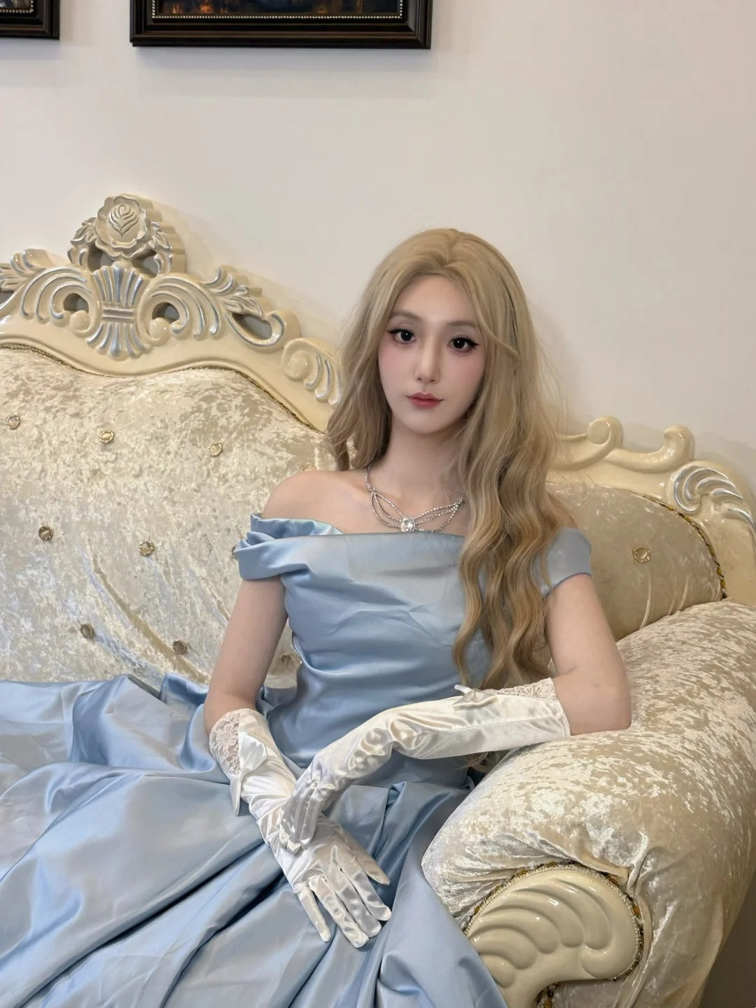 Elegant Dusty Blue Off The Shoulder Satin Pleated A-Line Ball Gown Long Prom Dress AD1394