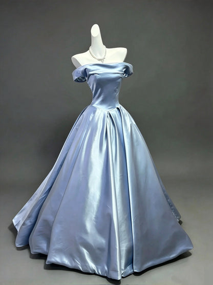 Elegant Dusty Blue Off The Shoulder Satin Pleated A-Line Ball Gown Long Prom Dress AD1394
