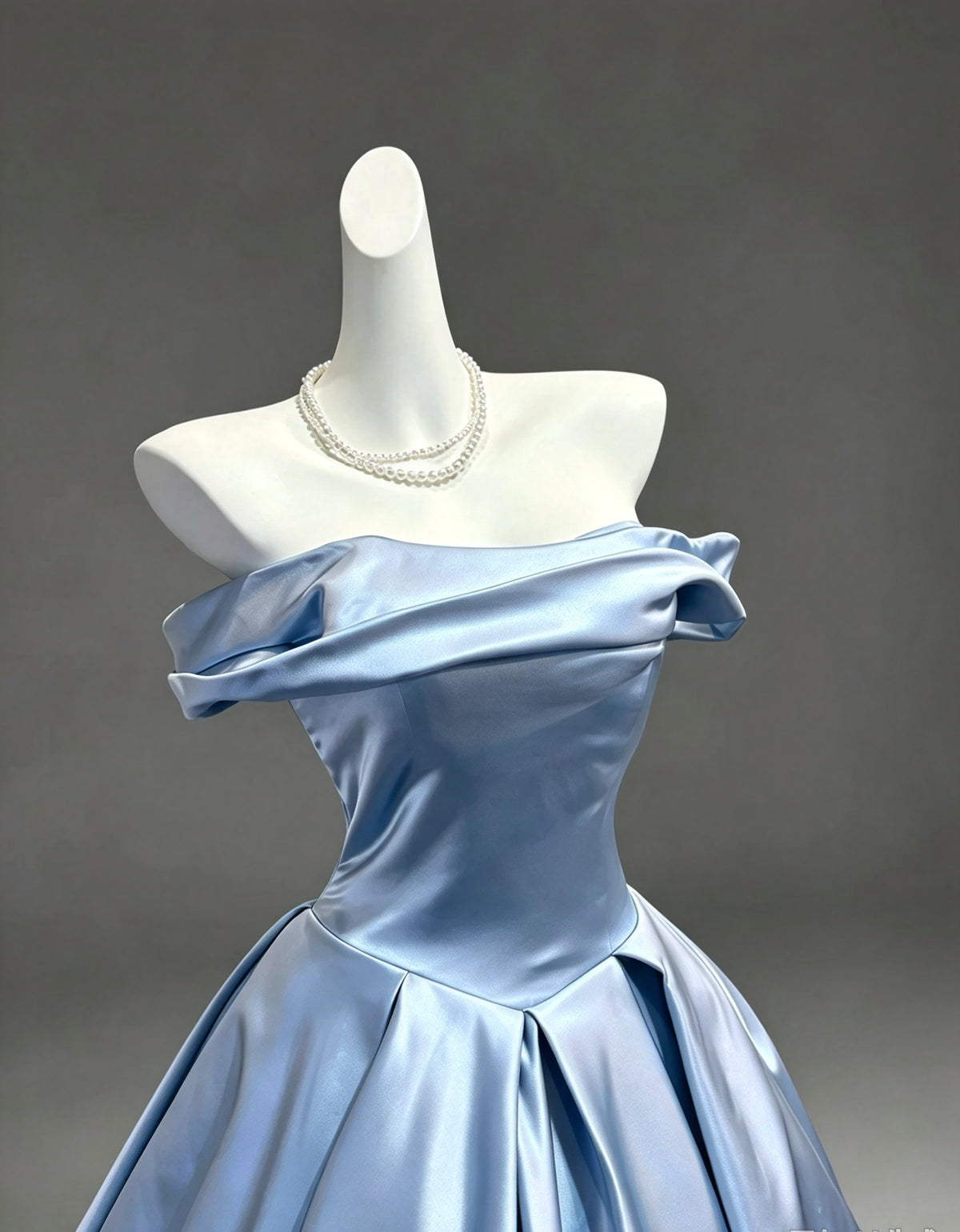 Elegant Dusty Blue Off The Shoulder Satin Pleated A-Line Ball Gown Long Prom Dress AD1394