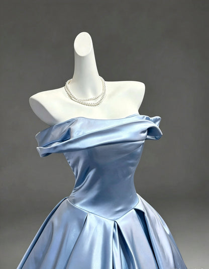 Elegant Dusty Blue Off The Shoulder Satin Pleated A-Line Ball Gown Long Prom Dress AD1394