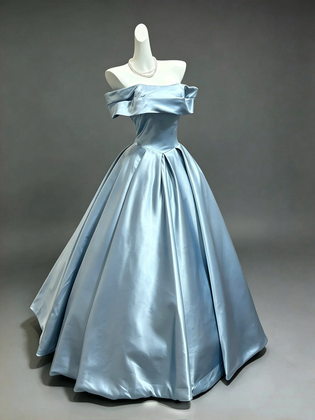 Elegant Dusty Blue Off The Shoulder Satin Pleated A-Line Ball Gown Long Prom Dress AD1394