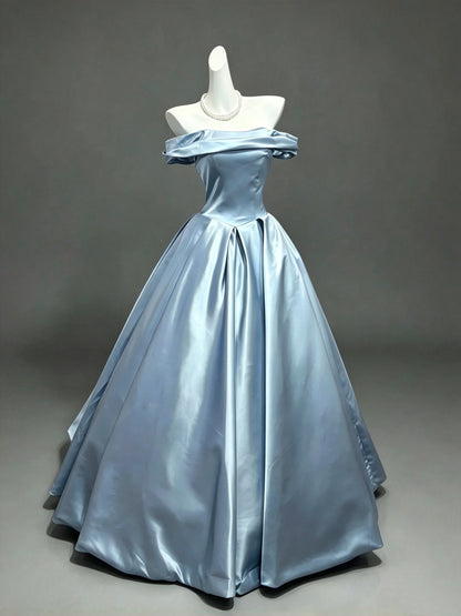 Elegant Dusty Blue Off The Shoulder Satin Pleated A-Line Ball Gown Long Prom Dress AD1394