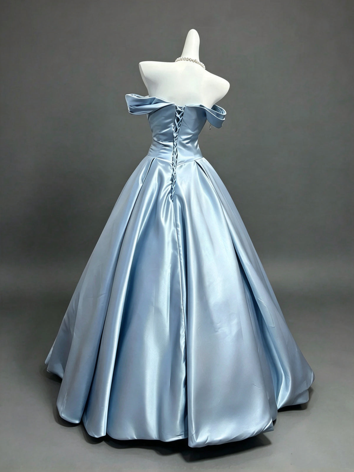 Elegant Dusty Blue Off The Shoulder Satin Pleated A-Line Ball Gown Long Prom Dress AD1394