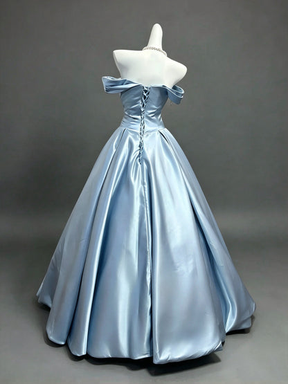 Elegant Dusty Blue Off The Shoulder Satin Pleated A-Line Ball Gown Long Prom Dress AD1394