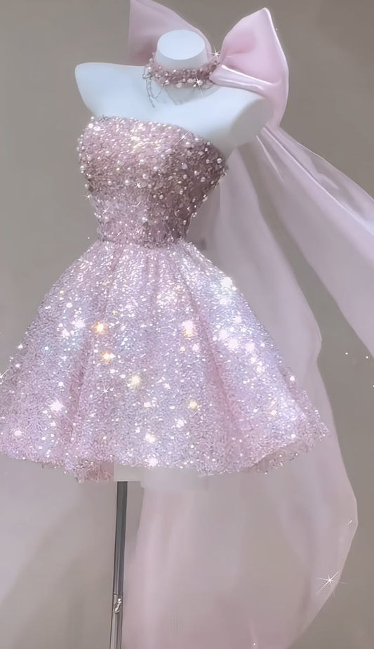 Stunning Pink Strapless Sequin A Line Short Homecoming Dress With Detachable Giant Bow AS1394