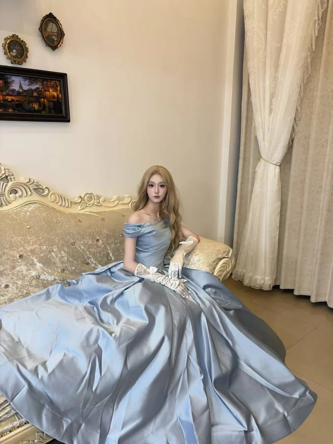 Elegant Dusty Blue Off The Shoulder Satin Pleated A-Line Ball Gown Long Prom Dress AD1394