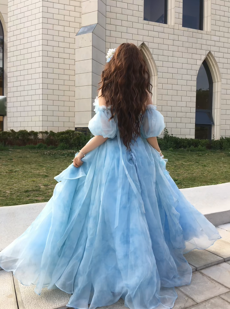 Whimsical Light Blue Off Shoulder Puff Sleeve Pearl Chain 3D Floral A-Line Ball Gown Long Prom Dress AD1395