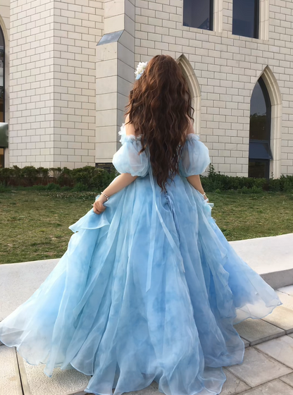 Whimsical Light Blue Off Shoulder Puff Sleeve Pearl Chain 3D Floral A-Line Ball Gown Long Prom Dress AD1395