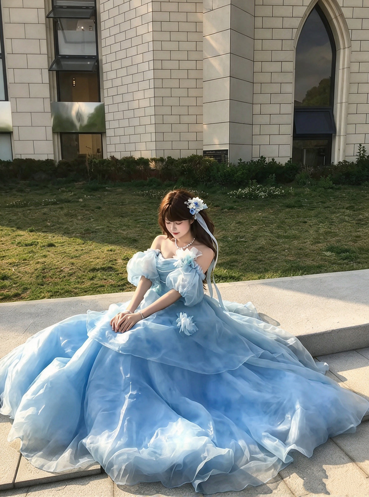 Whimsical Light Blue Off Shoulder Puff Sleeve Pearl Chain 3D Floral A-Line Ball Gown Long Prom Dress AD1395