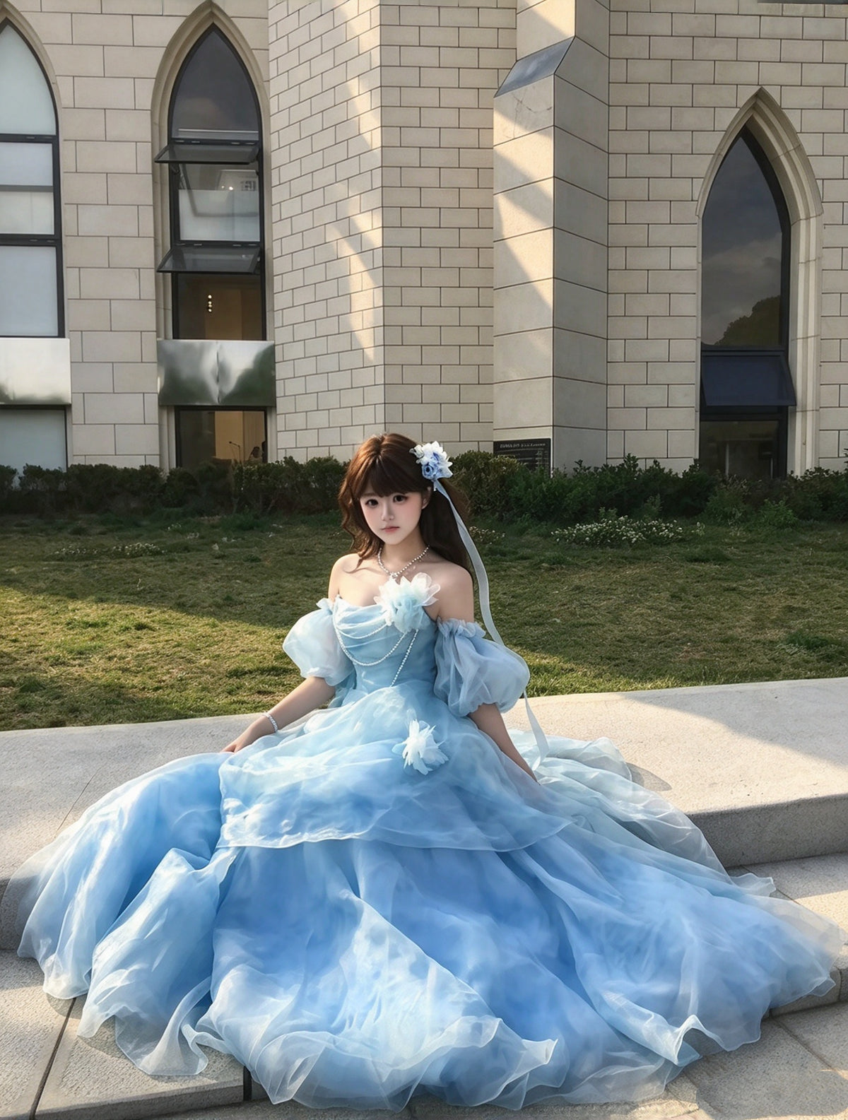Whimsical Light Blue Off Shoulder Puff Sleeve Pearl Chain 3D Floral A-Line Ball Gown Long Prom Dress AD1395