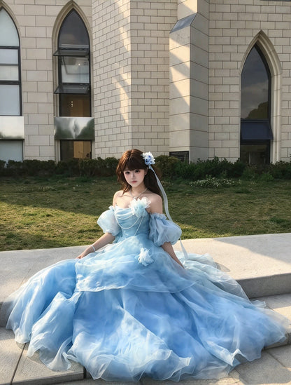 Whimsical Light Blue Off Shoulder Puff Sleeve Pearl Chain 3D Floral A-Line Ball Gown Long Prom Dress AD1395