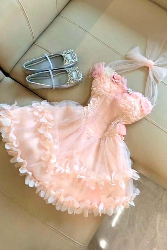 Chic Pink Halter 3D Floral Appliques A Line Tulle Short Homecoming Dress AS1395