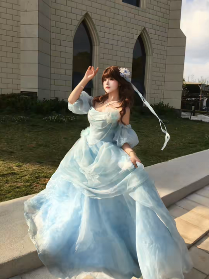 Whimsical Light Blue Off Shoulder Puff Sleeve Pearl Chain 3D Floral A-Line Ball Gown Long Prom Dress AD1395