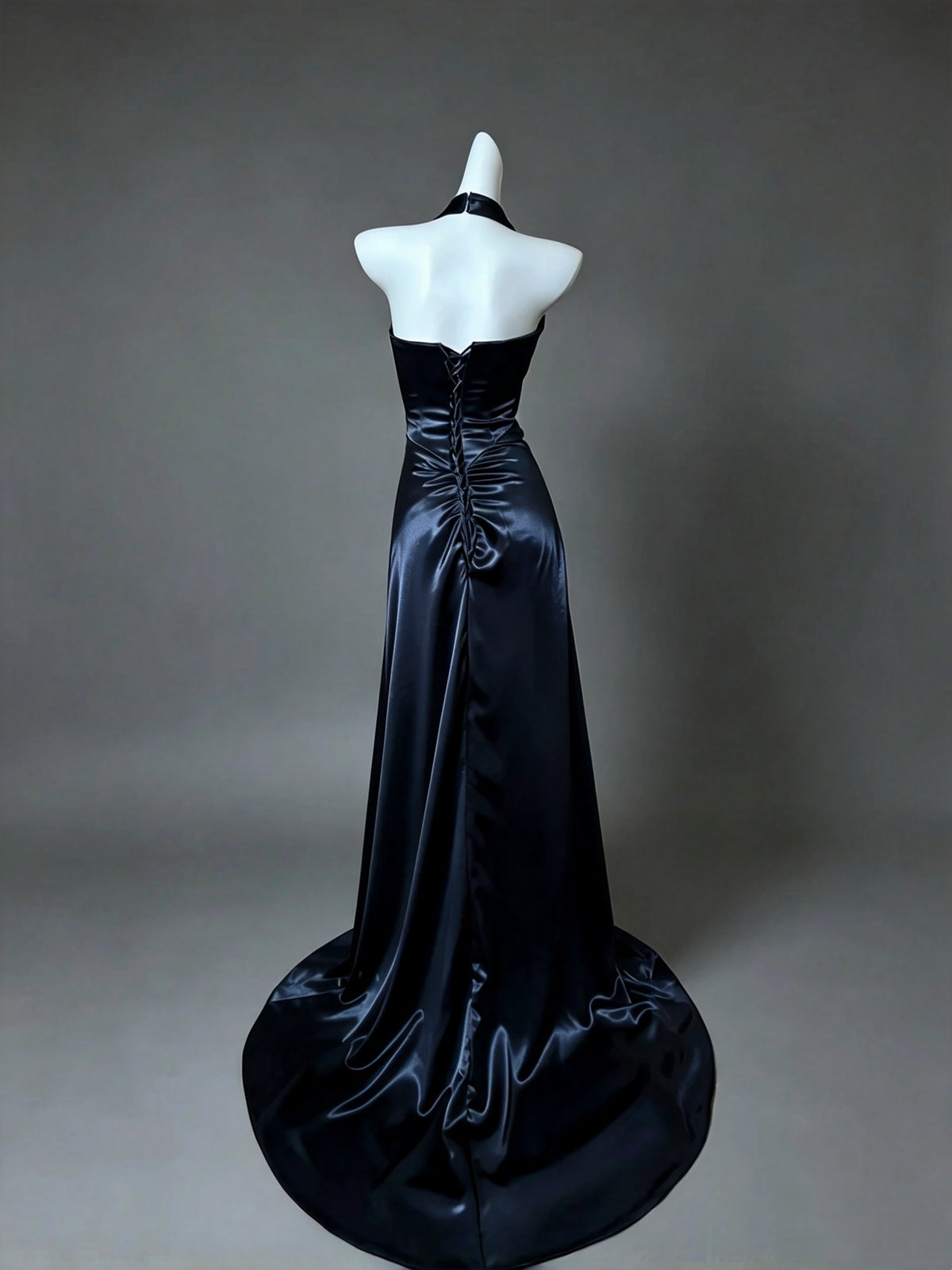 Chic Navy Satin Halter Cowl Neck Draped Mermaid Long Prom Dress AD1396