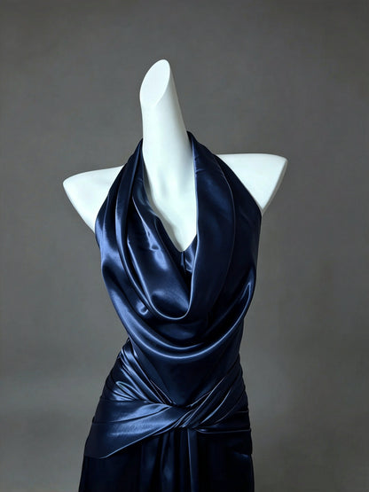 Chic Navy Satin Halter Cowl Neck Draped Mermaid Long Prom Dress AD1396