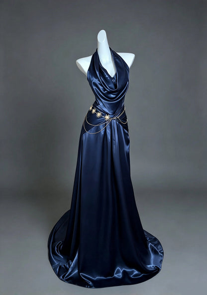 Chic Navy Satin Halter Cowl Neck Draped Mermaid Long Prom Dress AD1396