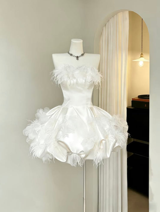 Sleek White Strapless Feather Trim A Line Satin Short Homecoming Dress AS1398
