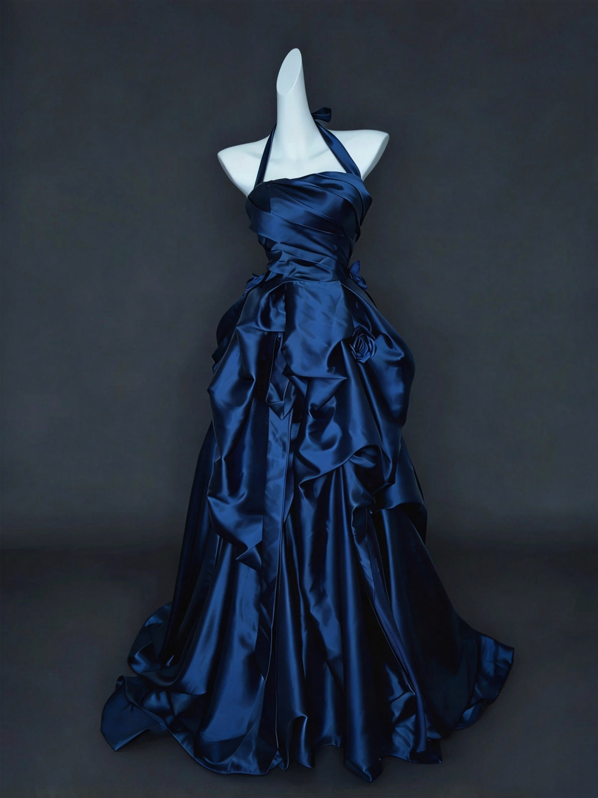 Opulent Navy Satin Halter Draped Ruffled Floral A-Line Long Prom Dress AD1398