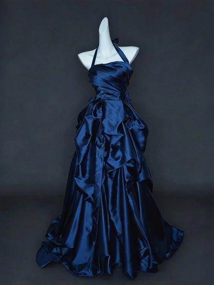 Opulent Navy Satin Halter Draped Ruffled Floral A-Line Long Prom Dress AD1398