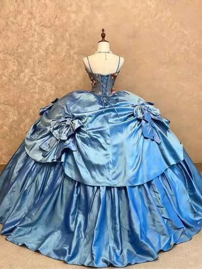 Vintage Steel Blue Spaghetti Straps 3D Floral Applique Big Bow A-Line Ball Gown Long Prom Dress AD1399