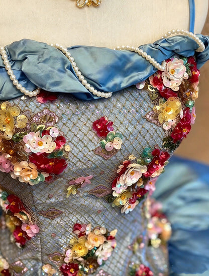 Vintage Steel Blue Spaghetti Straps 3D Floral Applique Big Bow A-Line Ball Gown Long Prom Dress AD1399