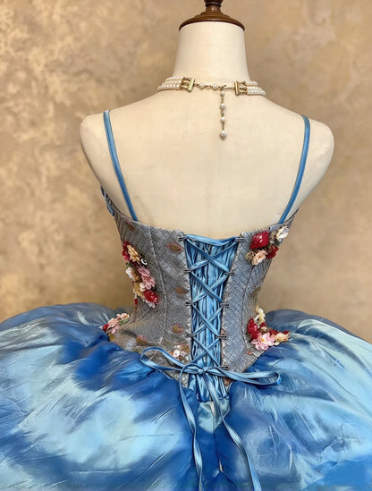 Vintage Steel Blue Spaghetti Straps 3D Floral Applique Big Bow A-Line Ball Gown Long Prom Dress AD1399