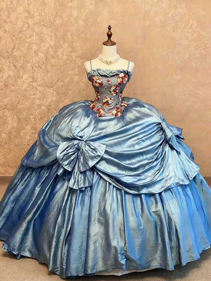 Vintage Steel Blue Spaghetti Straps 3D Floral Applique Big Bow A-Line Ball Gown Long Prom Dress AD1399