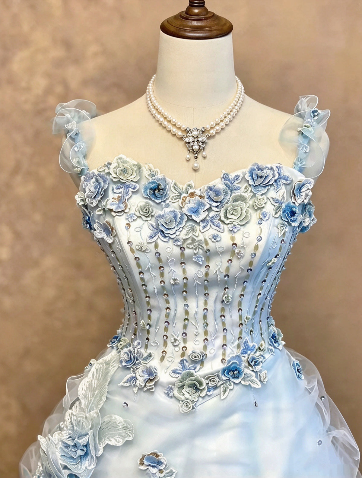 Ethereal Ice Blue Sweetheart Straps Beaded 3D Floral A-Line Long Prom Dress AD1400