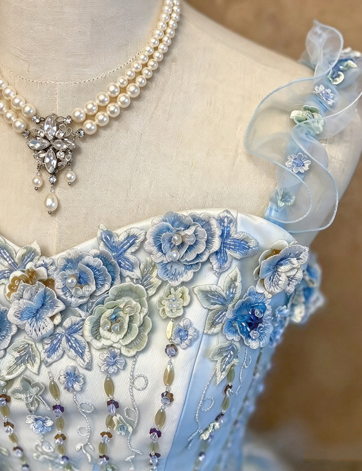 Ethereal Ice Blue Sweetheart Straps Beaded 3D Floral A-Line Long Prom Dress AD1400