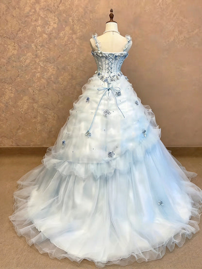 Ethereal Ice Blue Sweetheart Straps Beaded 3D Floral A-Line Long Prom Dress AD1400