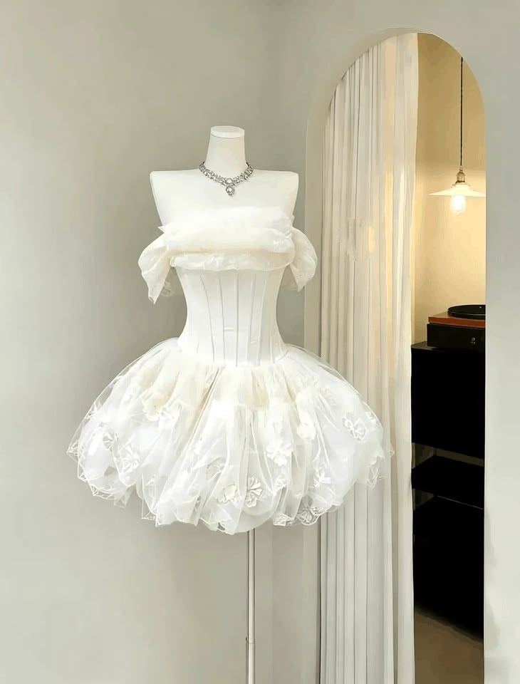 Glam White Off The Shoulder Ruffle Floral Sheer Tulle Puffy Short Homecoming Dress AS1400