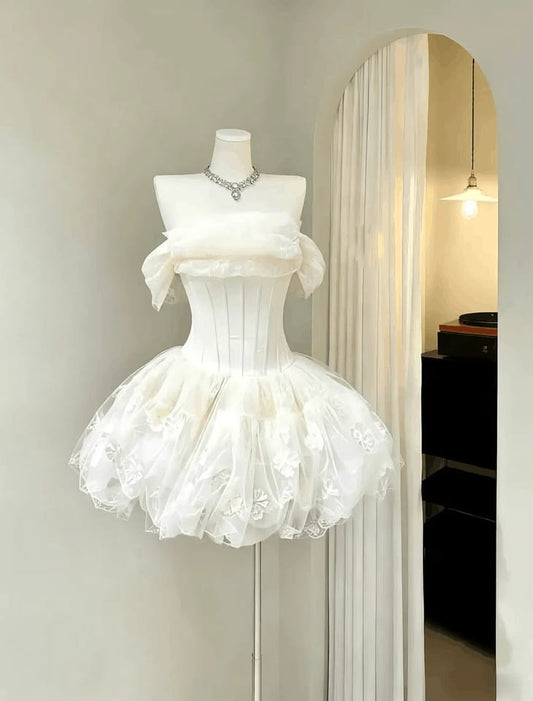 Glam White Off The Shoulder Ruffle Floral Sheer Tulle Puffy Short Homecoming Dress AS1400