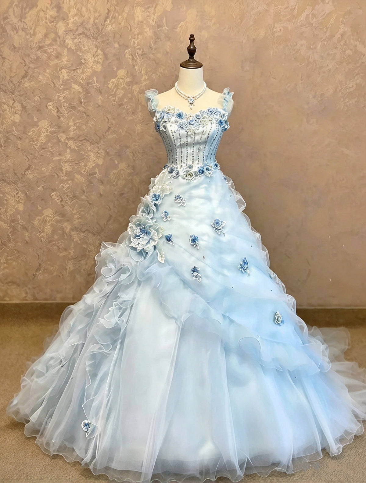 Ethereal Ice Blue Sweetheart Straps Beaded 3D Floral A-Line Long Prom Dress AD1400