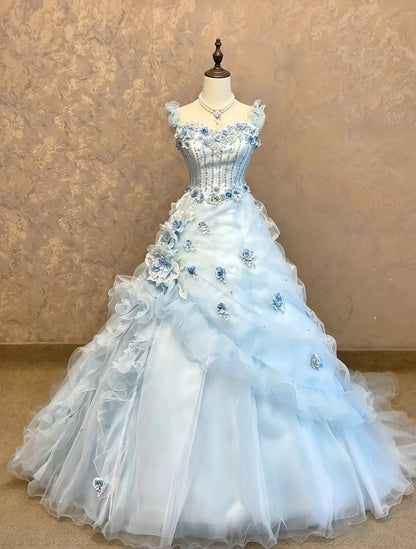 Ethereal Ice Blue Sweetheart Straps Beaded 3D Floral A-Line Long Prom Dress AD1400