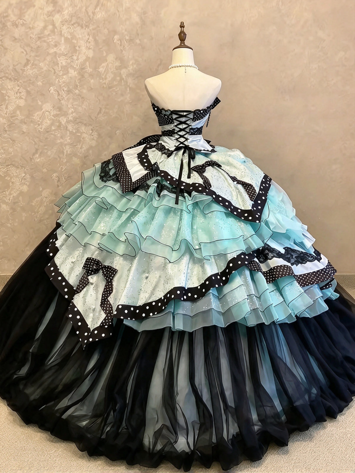 Gorgeous Mint Black Polka Dot Strapless Lace Big Bow Sequin Pearl Tiered Ruffle Ball Gown Long Prom Dress AD1401