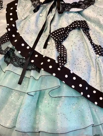 Gorgeous Mint Black Polka Dot Strapless Lace Big Bow Sequin Pearl Tiered Ruffle Ball Gown Long Prom Dress AD1401