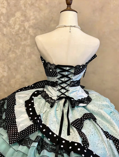 Gorgeous Mint Black Polka Dot Strapless Lace Big Bow Sequin Pearl Tiered Ruffle Ball Gown Long Prom Dress AD1401