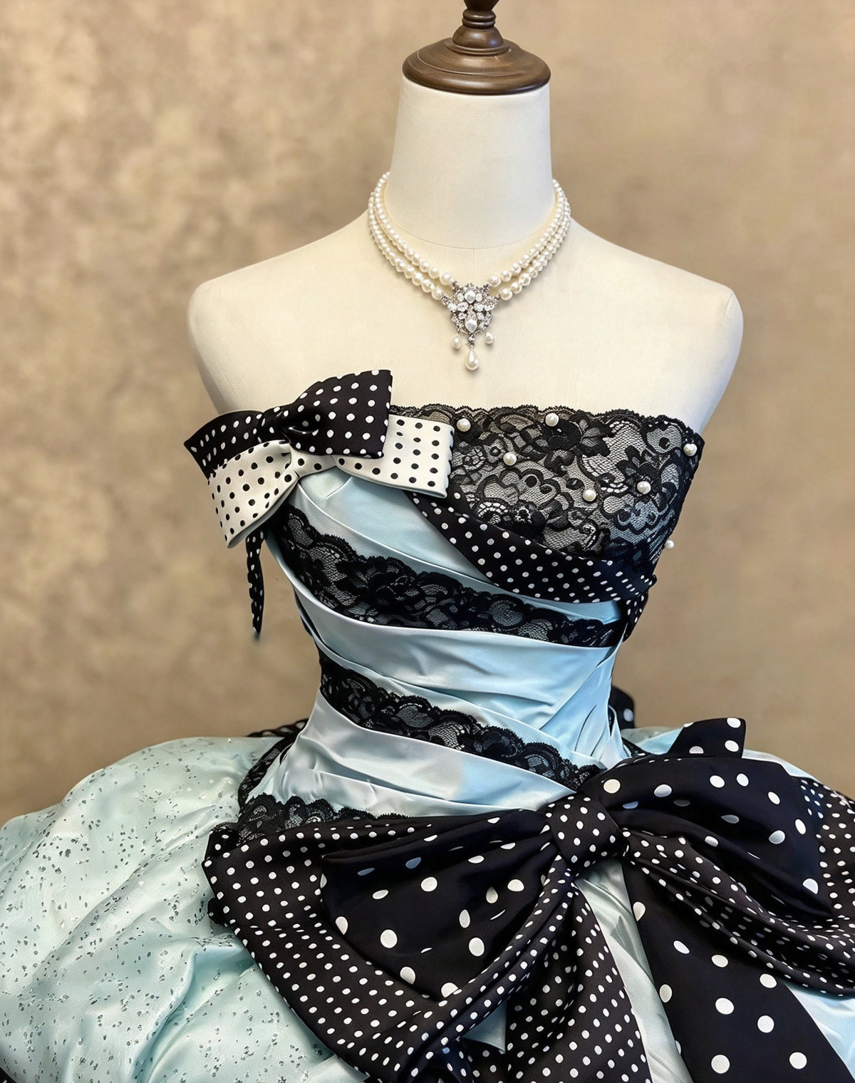 Gorgeous Mint Black Polka Dot Strapless Lace Big Bow Sequin Pearl Tiered Ruffle Ball Gown Long Prom Dress AD1401