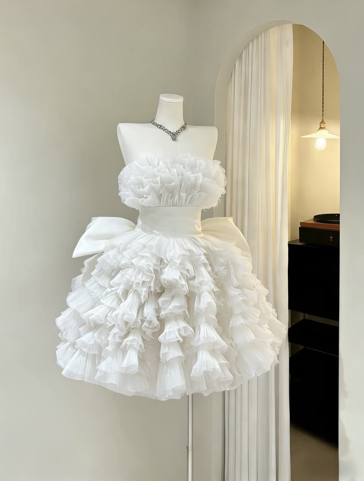 Chic White Strapless Multi-Tier Pleated Ruffle Waistband Back Bow A Line Short Homecoming Dress AS1401