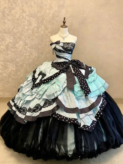 Gorgeous Mint Black Polka Dot Strapless Lace Big Bow Sequin Pearl Tiered Ruffle Ball Gown Long Prom Dress AD1401