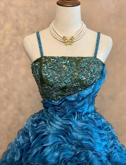 Vibrant Teal Spaghetti Straps Sequin Beaded Bodice Wavy Ruffled A-Line Long Prom Dress AD1402