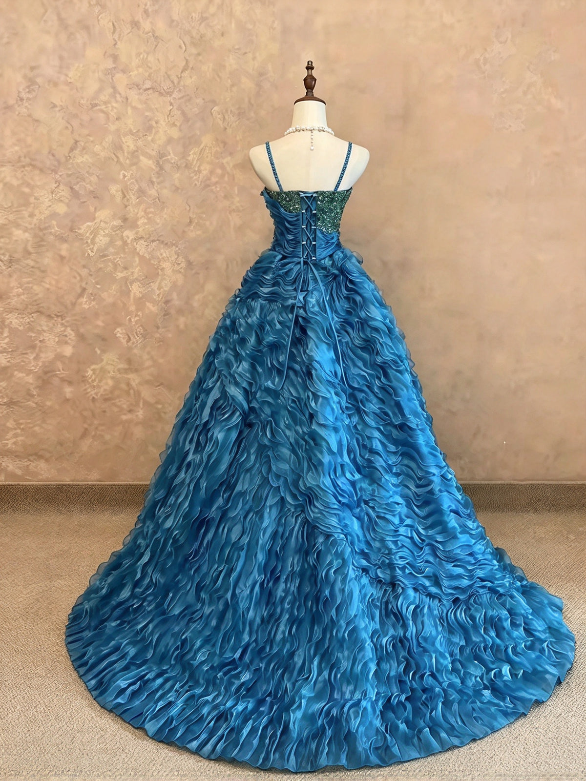 Vibrant Teal Spaghetti Straps Sequin Beaded Bodice Wavy Ruffled A-Line Long Prom Dress AD1402