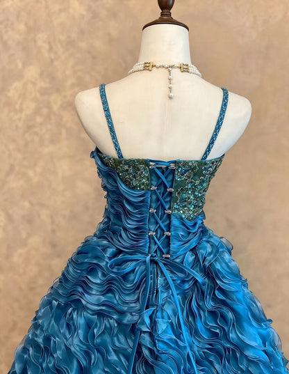 Vibrant Teal Spaghetti Straps Sequin Beaded Bodice Wavy Ruffled A-Line Long Prom Dress AD1402