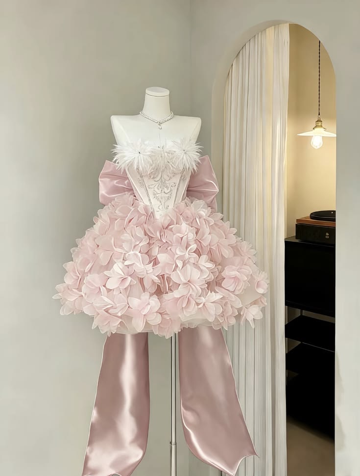 Unique Pink Strapless Feather Trim Bust Corset Bodice Floral Appliques Giant Back Bow A Line Short Homecoming Dress AS1402